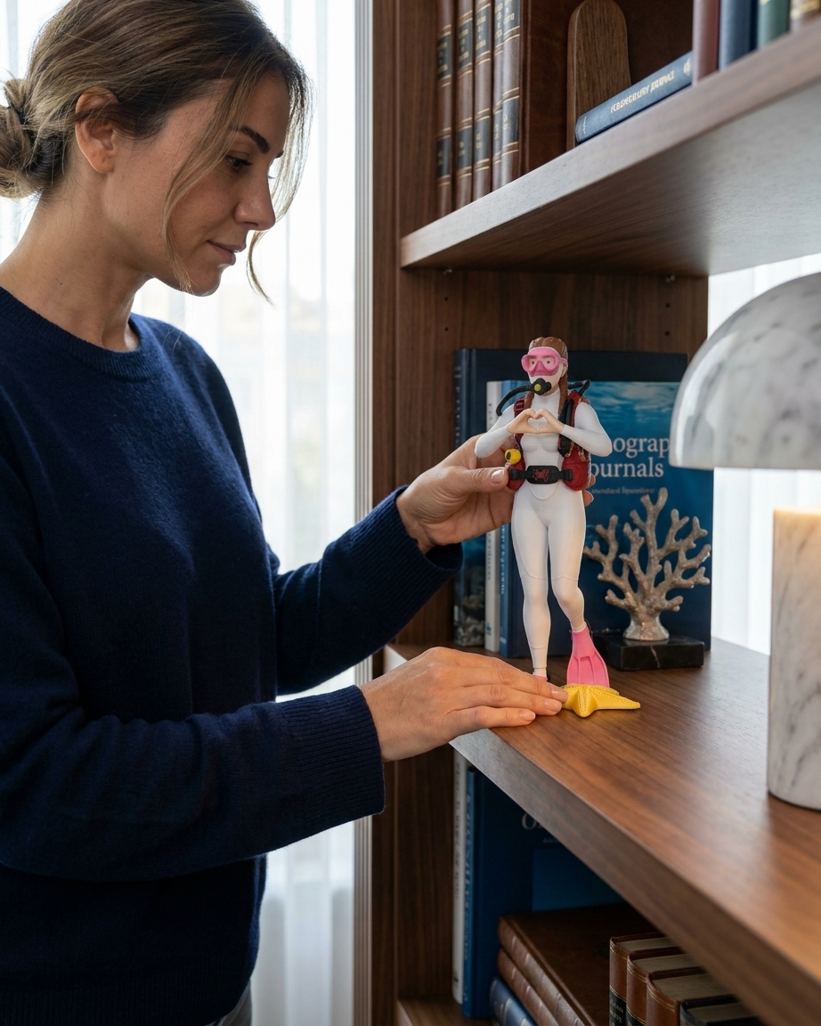 Ellerini kalp şeklinde birleştirmiş, pembe maskeli ve beyaz dalış kıyafetli kadın dalgıç figürü, dalan adam 3D tasarım.