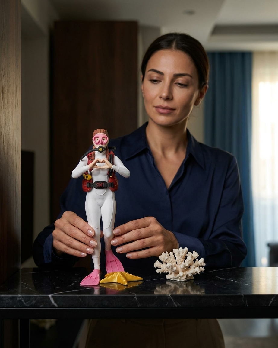 Ellerini kalp şeklinde birleştirmiş, pembe maskeli ve beyaz dalış kıyafetli kadın dalgıç figürü, dalan adam 3D tasarım.