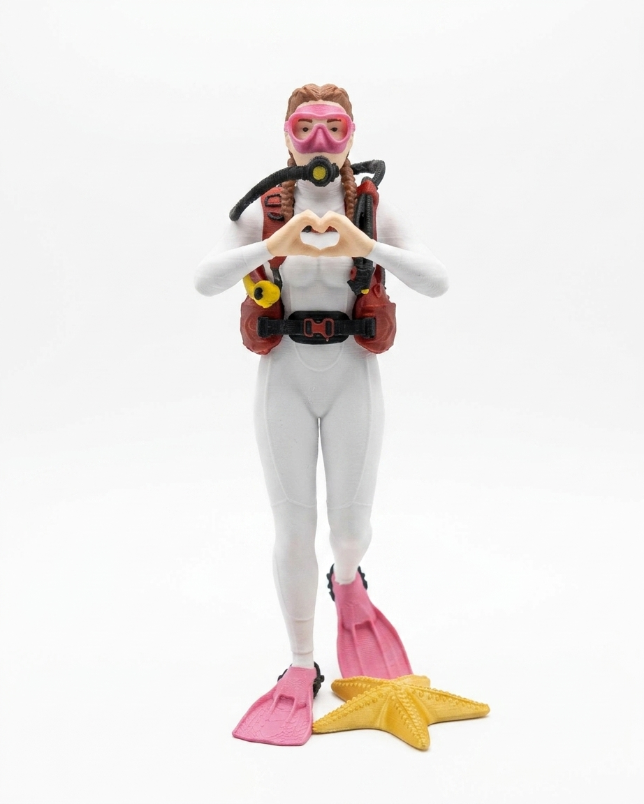 Ellerini kalp şeklinde birleştirmiş, pembe maskeli ve beyaz dalış kıyafetli kadın dalgıç figürü, dalanadam 3D tasarım.