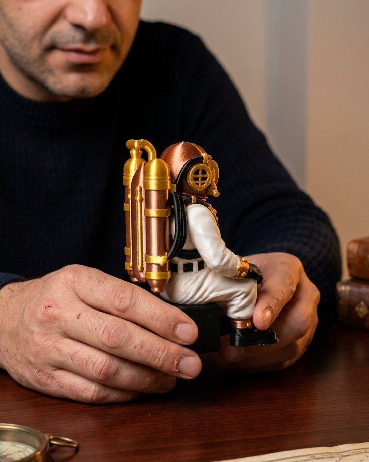 100mm yüksekliğinde, beyaz elbiseli, altın ve bakır detaylı vintage mark v dalgıç figürü masa üstü dekorasyonu