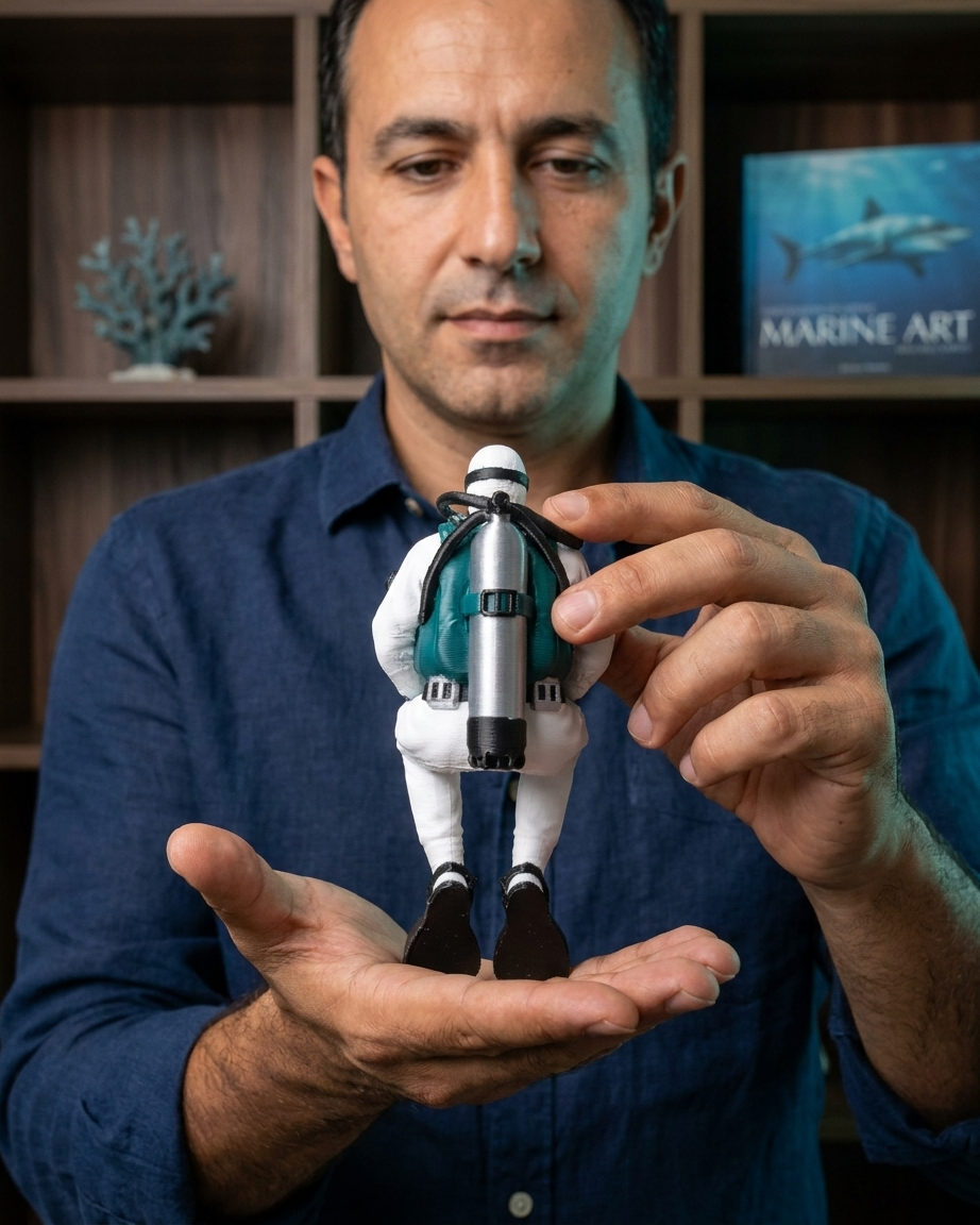 Beyaz kuru elbiseli dalgıç figürünün arkadan görünümü; koyu yeşil BCD ve gümüş metalik scuba tüpü detaylarını net bir şekilde gösteren yakın çekim.