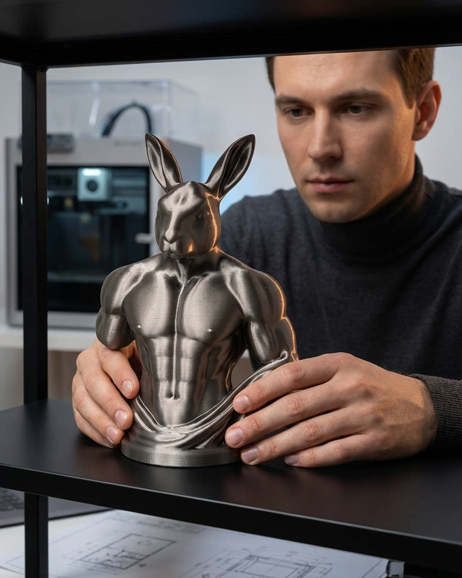 Buff Rabbit: Kaslı Tavşan Dekoratif Figür - Eğlenceli ve Modern 3D Baskı Sanat Objesi gümüş
