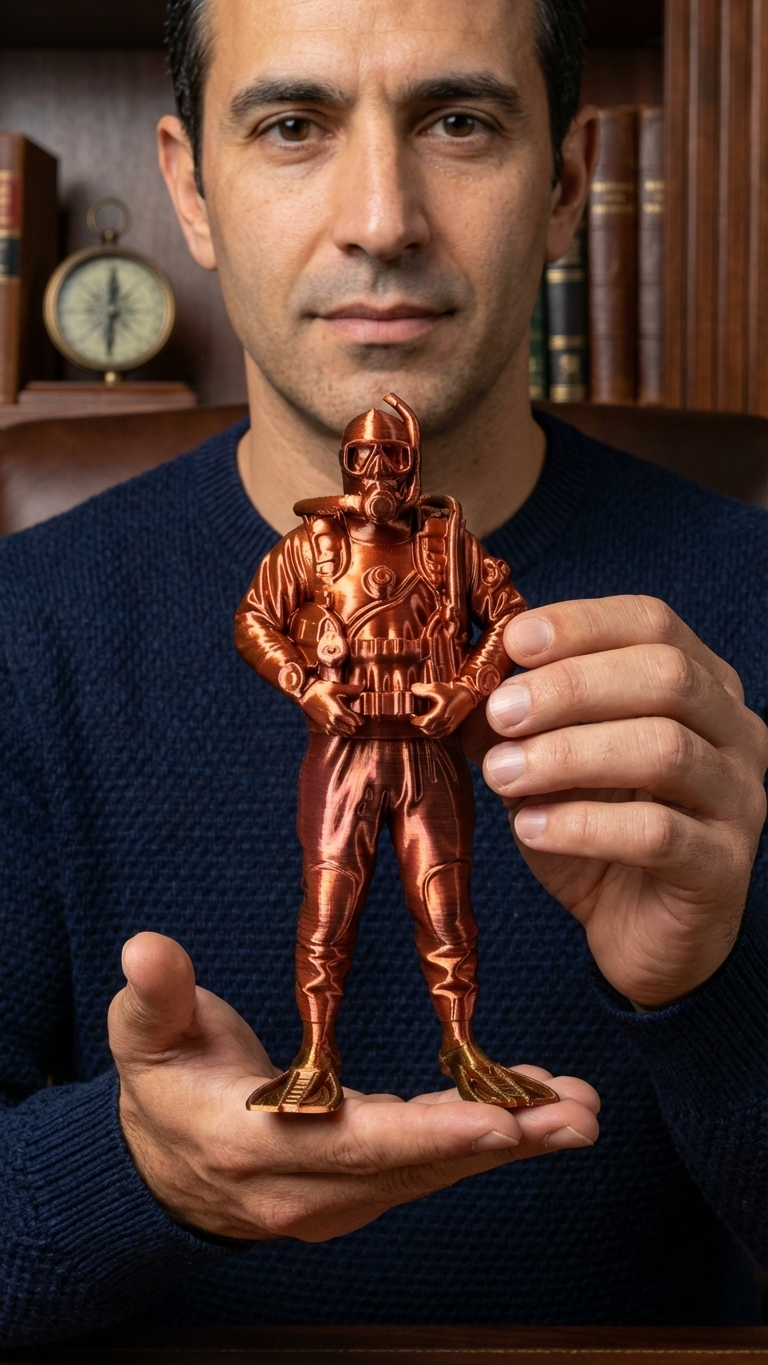 Deep Guardian: Derin Deniz Profesyonel Dalgıç Figürü - Modern Teknik Ekipmanlı 3D Baskı Sanat Objesi  3