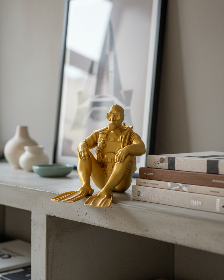 Deep Zen: Altın Renkli Meditasyon Yapan Dalgıç Figürü - Huzur Temalı 3D Baskı Dekoratif Biblo gold