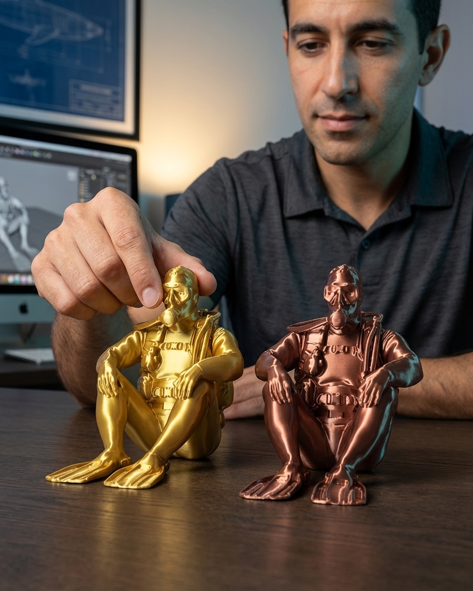Deep Zen: Altın Renkli Meditasyon Yapan Dalgıç Figürü - Huzur Temalı 3D Baskı Dekoratif Biblo ana goruntu