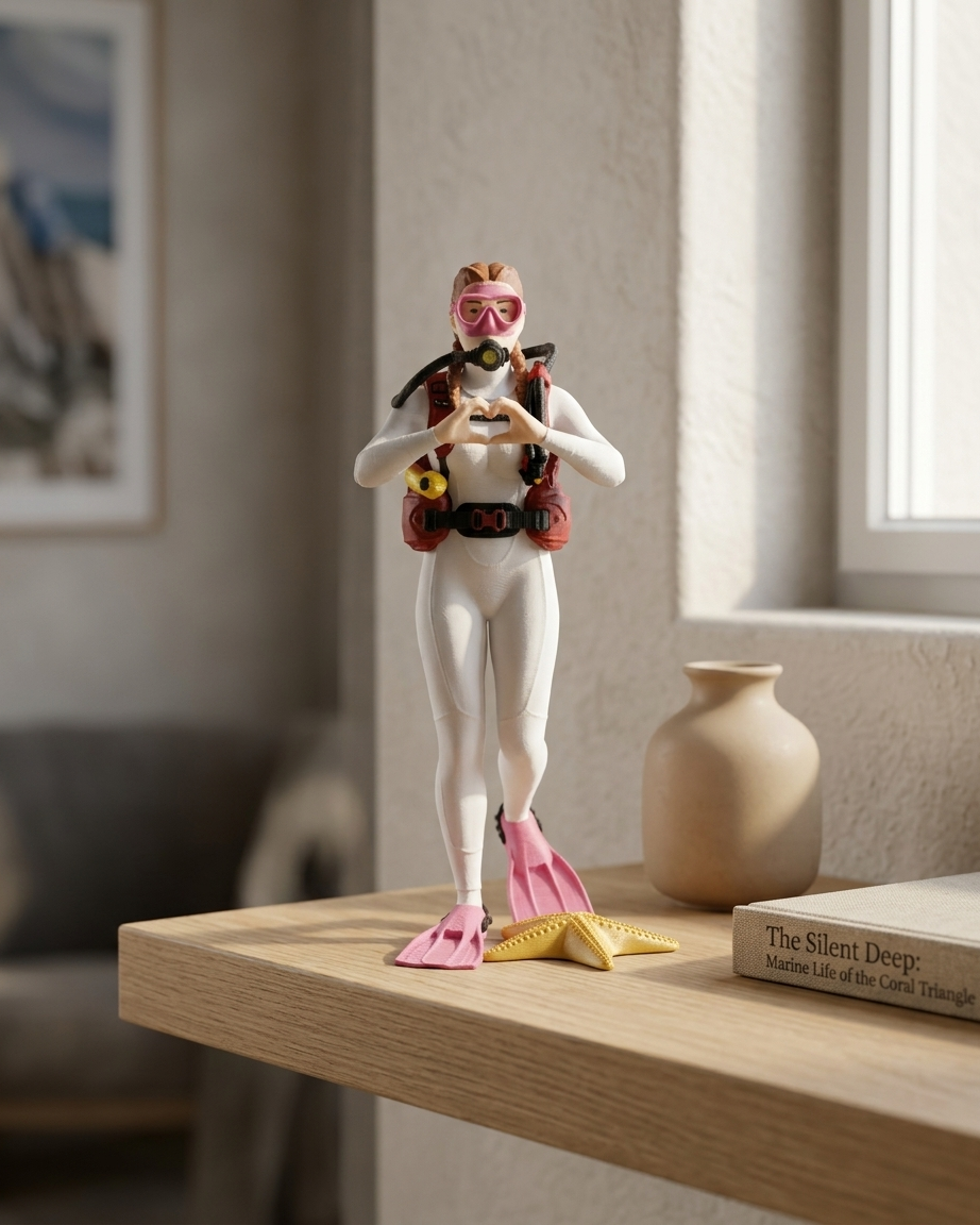 Ellerini kalp şeklinde birleştirmiş, pembe maskeli ve beyaz dalış kıyafetli kadın dalgıç figürü, dalan adam 3D tasarım.