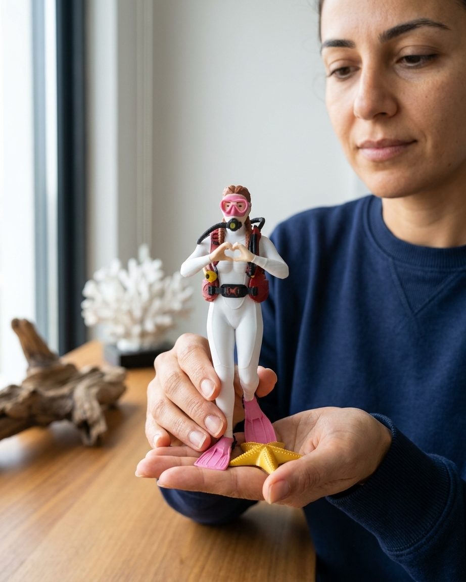 Ellerini kalp şeklinde birleştirmiş, pembe maskeli ve beyaz dalış kıyafetli kadın dalgıç figürü, dalan adam 3D tasarım.