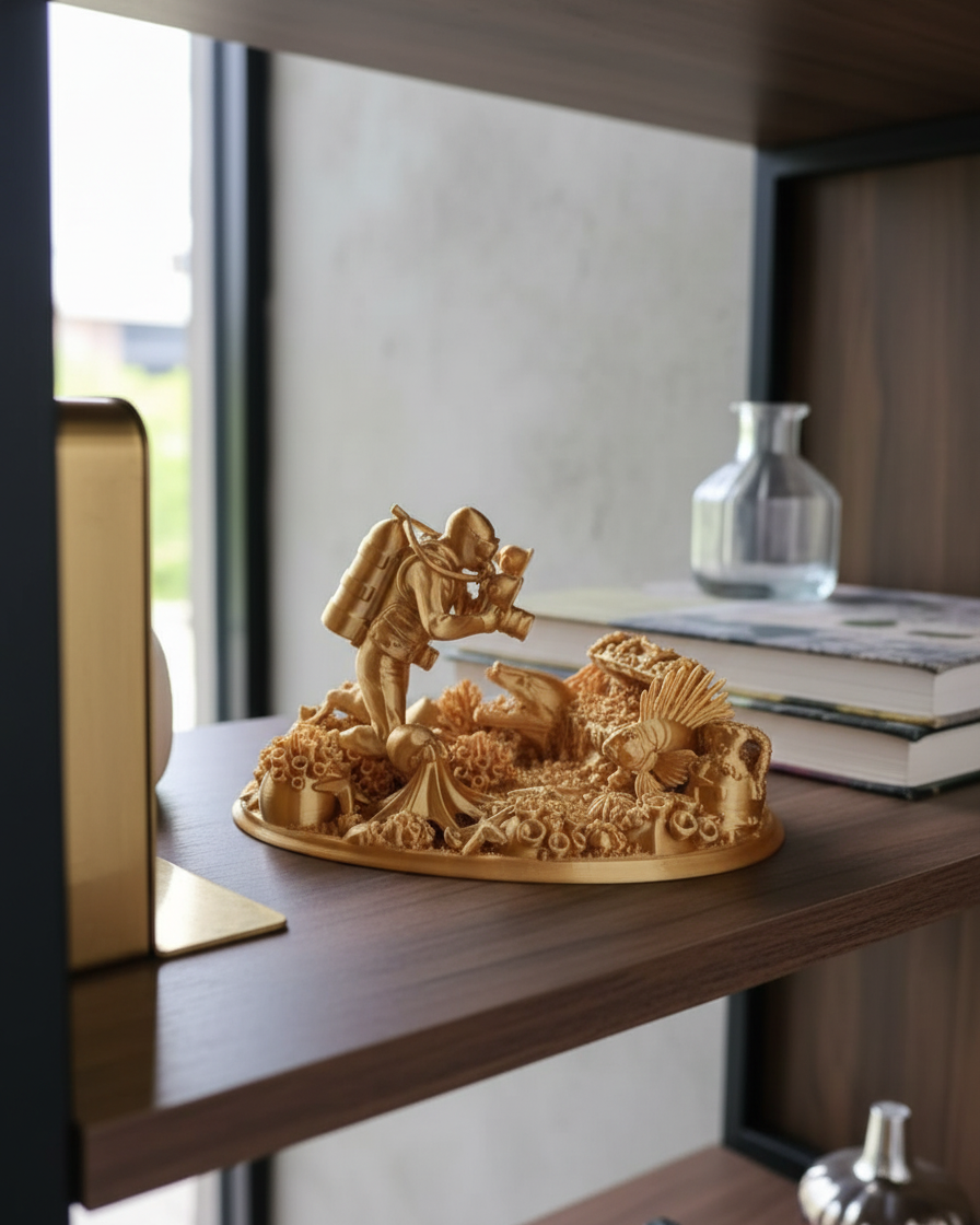 Golden Reef: Altın Resif Dünyası Dioraması - Detaylı Mercan ve Dalgıç Temalı 3D Baskı Sanat Objesi altın