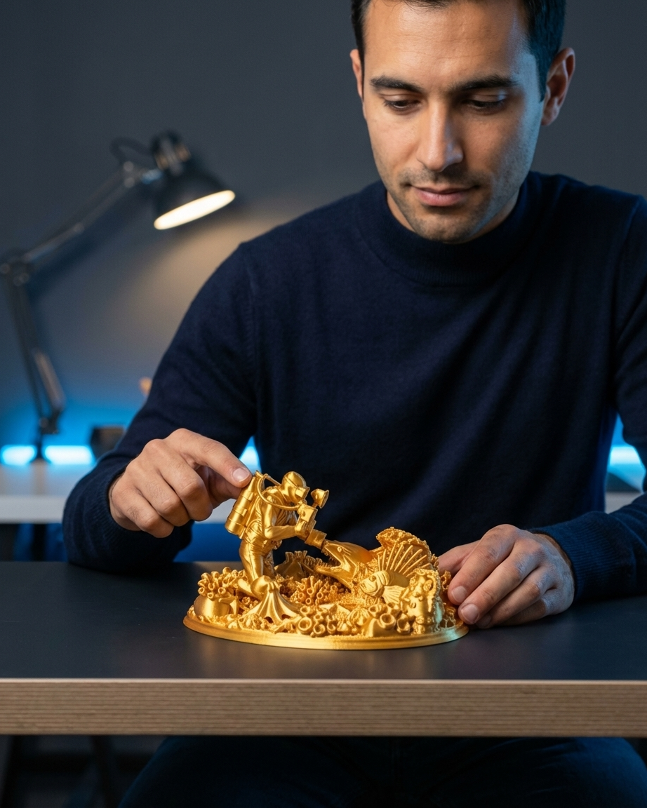 Golden Reef: Altın Resif Dünyası Dioraması - Detaylı Mercan ve Dalgıç Temalı 3D Baskı Sanat Objesi gold