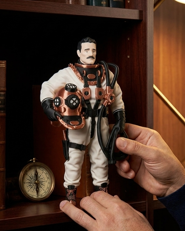 dalanadam.com kaskını tutan bıyıklı retro ağır dalgıç figürü, dekoratif masaüstü biblosu 250mm