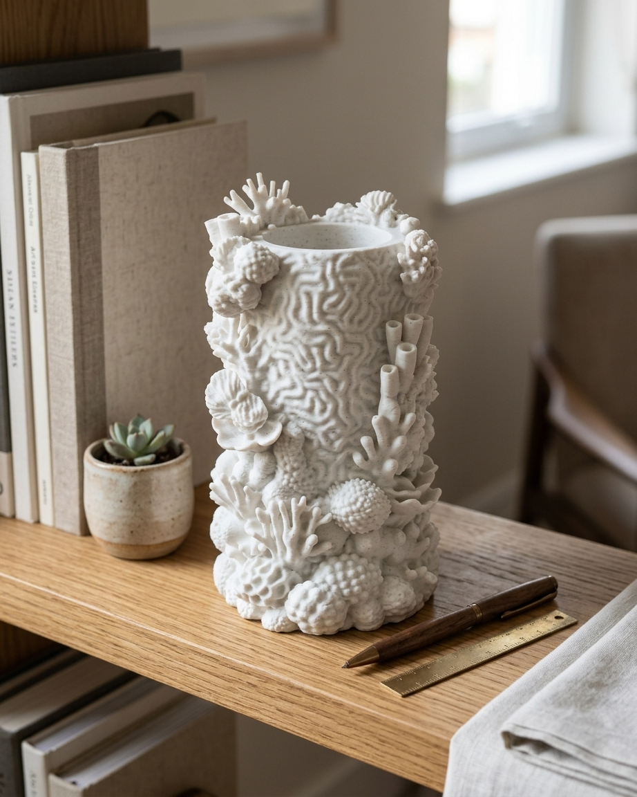 Mermer dokulu 3D baskı mercan resifi kalemlik modelinin kıvrımları ve organik gözenek detayları yakın çekim görünümü.