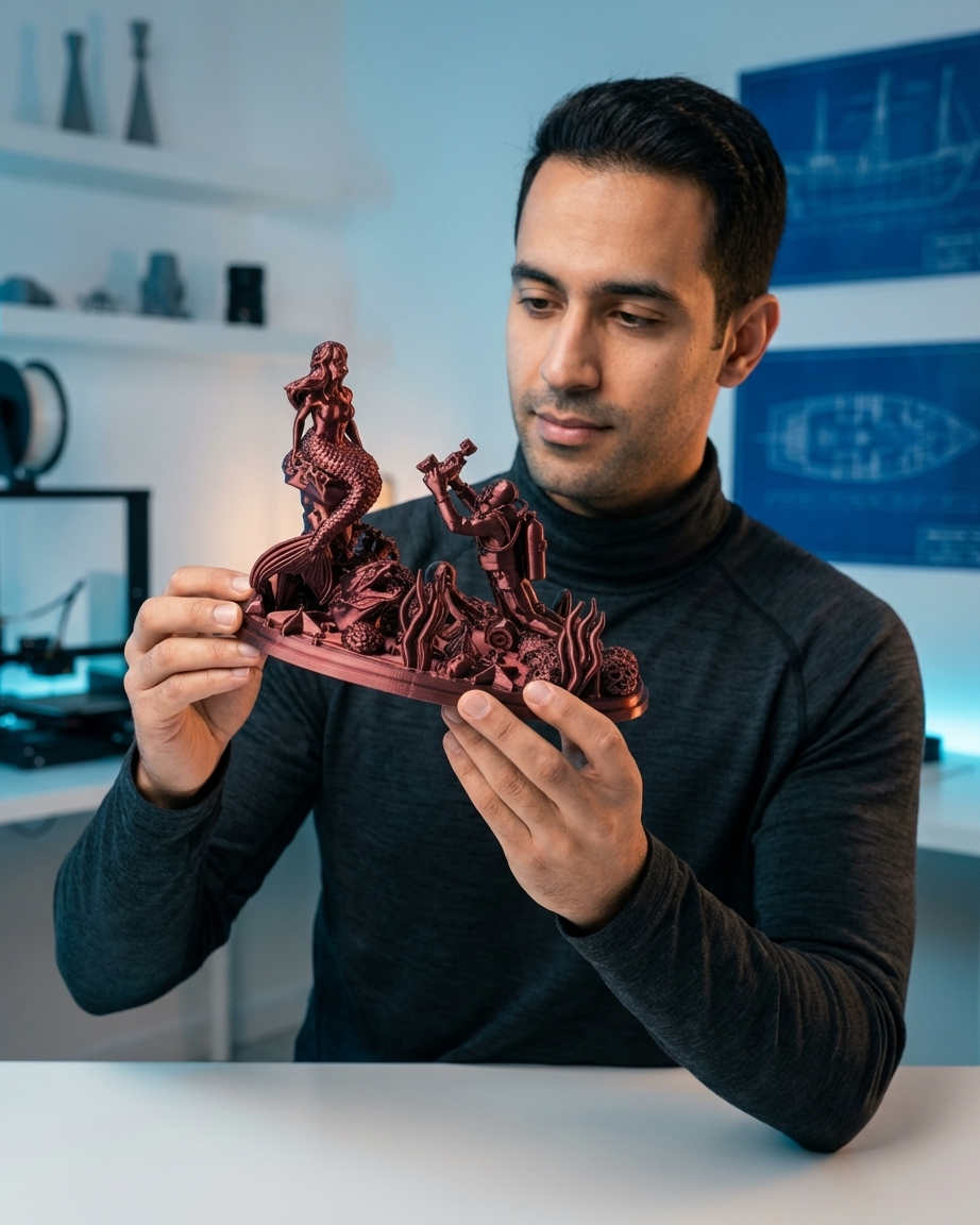 Mermaid's Secret: Mitolojik Dalgıç ve Denizkızı Dioraması - Sanatsal 3D Baskı Dekoratif Sahne gölgeli kırmızı