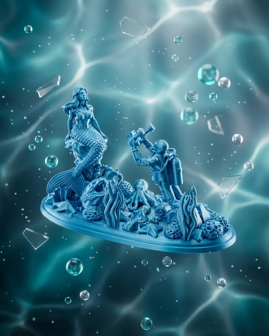 Mermaid's Secret: Mitolojik Dalgıç ve Denizkızı Dioraması - Sanatsal 3D Baskı Dekoratif Sahne 2