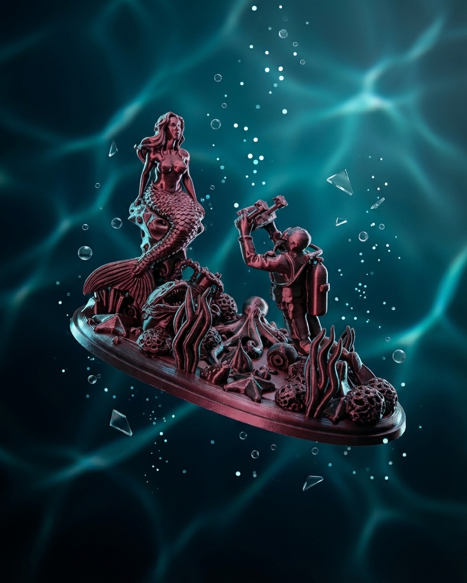 Mermaid's Secret: Mitolojik Dalgıç ve Denizkızı Dioraması - Sanatsal 3D Baskı Dekoratif Sahne 4