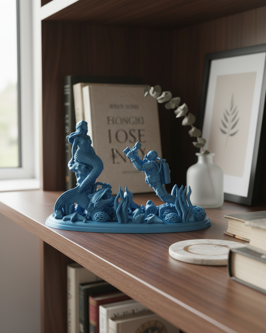 Mermaid's Secret: Mitolojik Dalgıç ve Denizkızı Dioraması - Sanatsal 3D Baskı Dekoratif Sahne 1