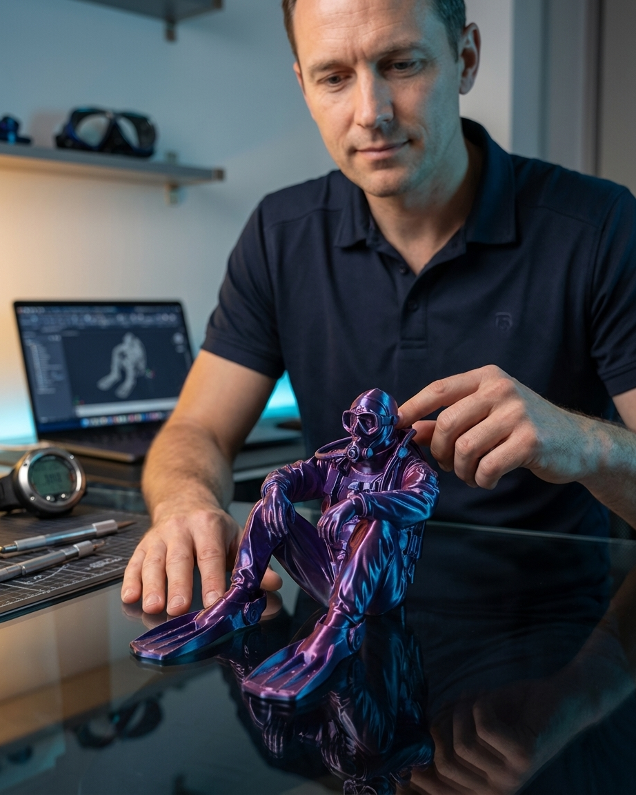 Nautilus Prime: Modern Oturan Dalgıç Figürü - Mor Renkli Sanatsal 3D Baskı Dekoratif Biblo ana