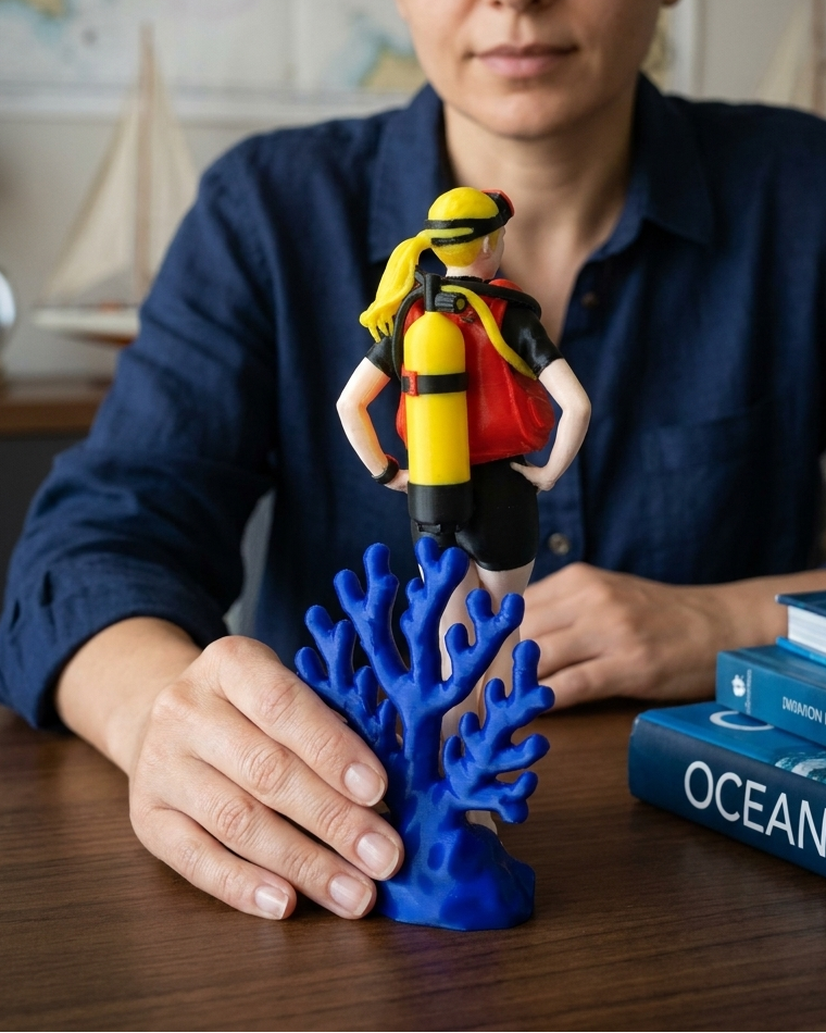 Kadın dalgıç figürünün arkadan görünümü; sarı scuba tüpü, kırmızı BCD ve mavi mercan resifi standı detaylarını gösteren 3D baskı koleksiyon objesi.