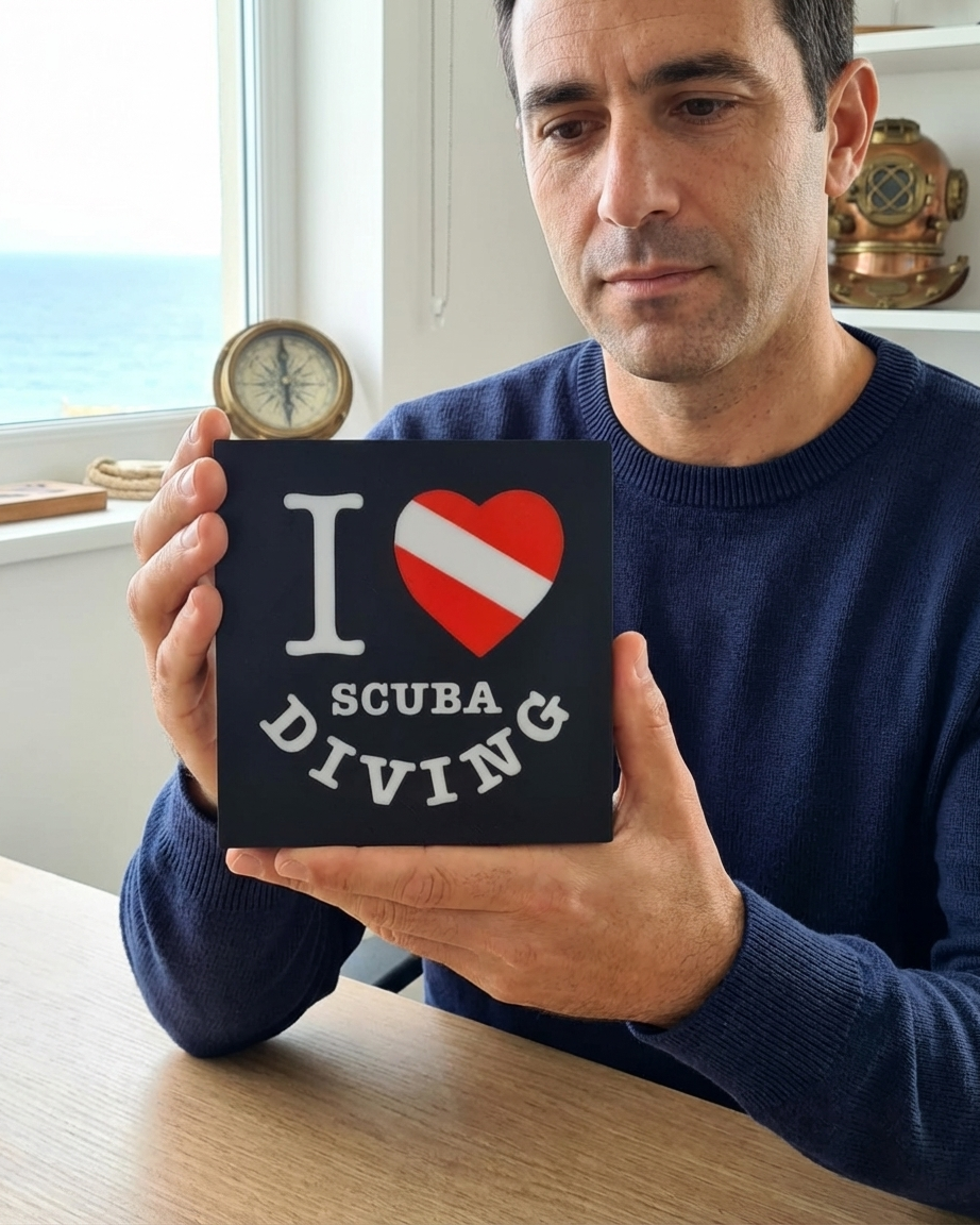 Siyah çerçeveli, üzerinde I Love Scuba Diving yazısı ve dalış bayrağı kalp motifi bulunan ışıklı dekoratif masa lambası ve gece lambası.