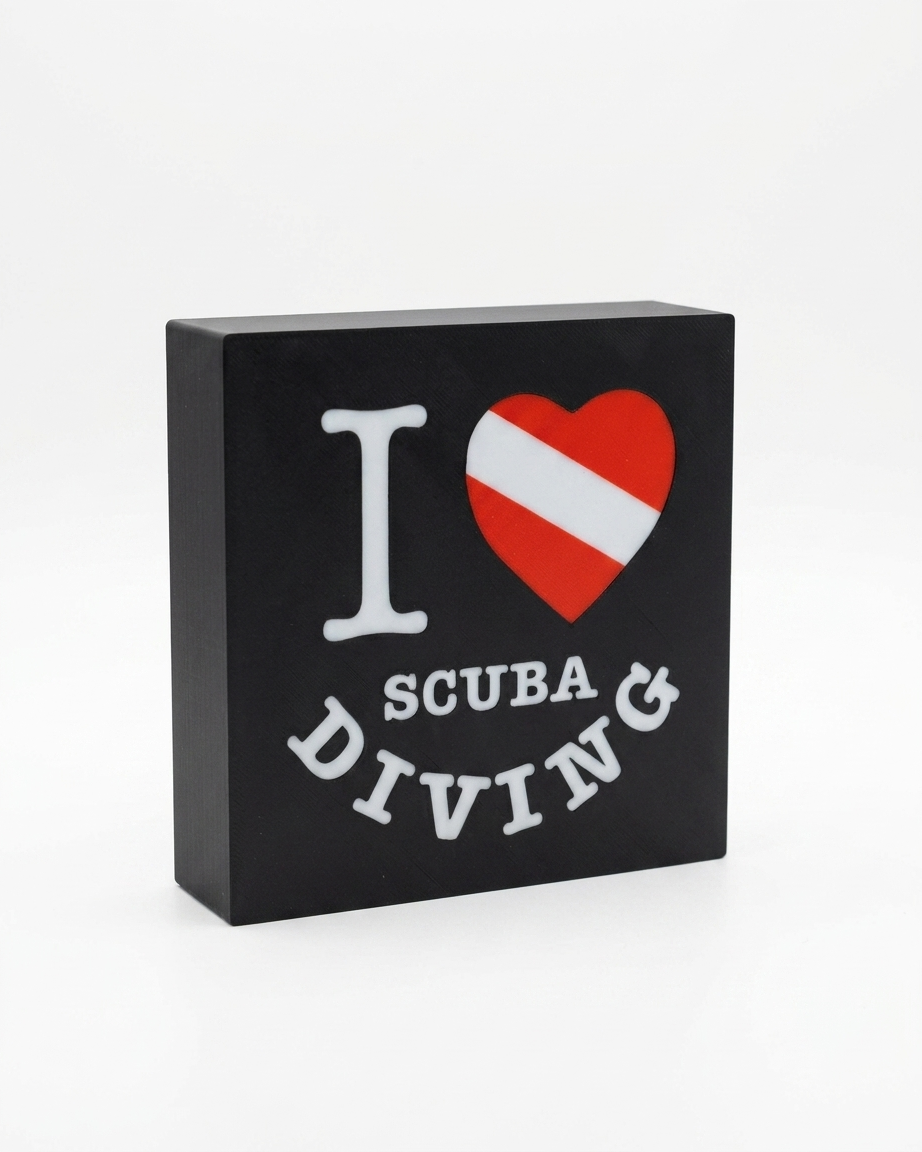 Siyah çerçeveli, üzerinde I Love Scuba Diving yazısı ve dalış bayrağı kalp motifi bulunan ışıklı dekoratif masa lambası ve gece lambası.