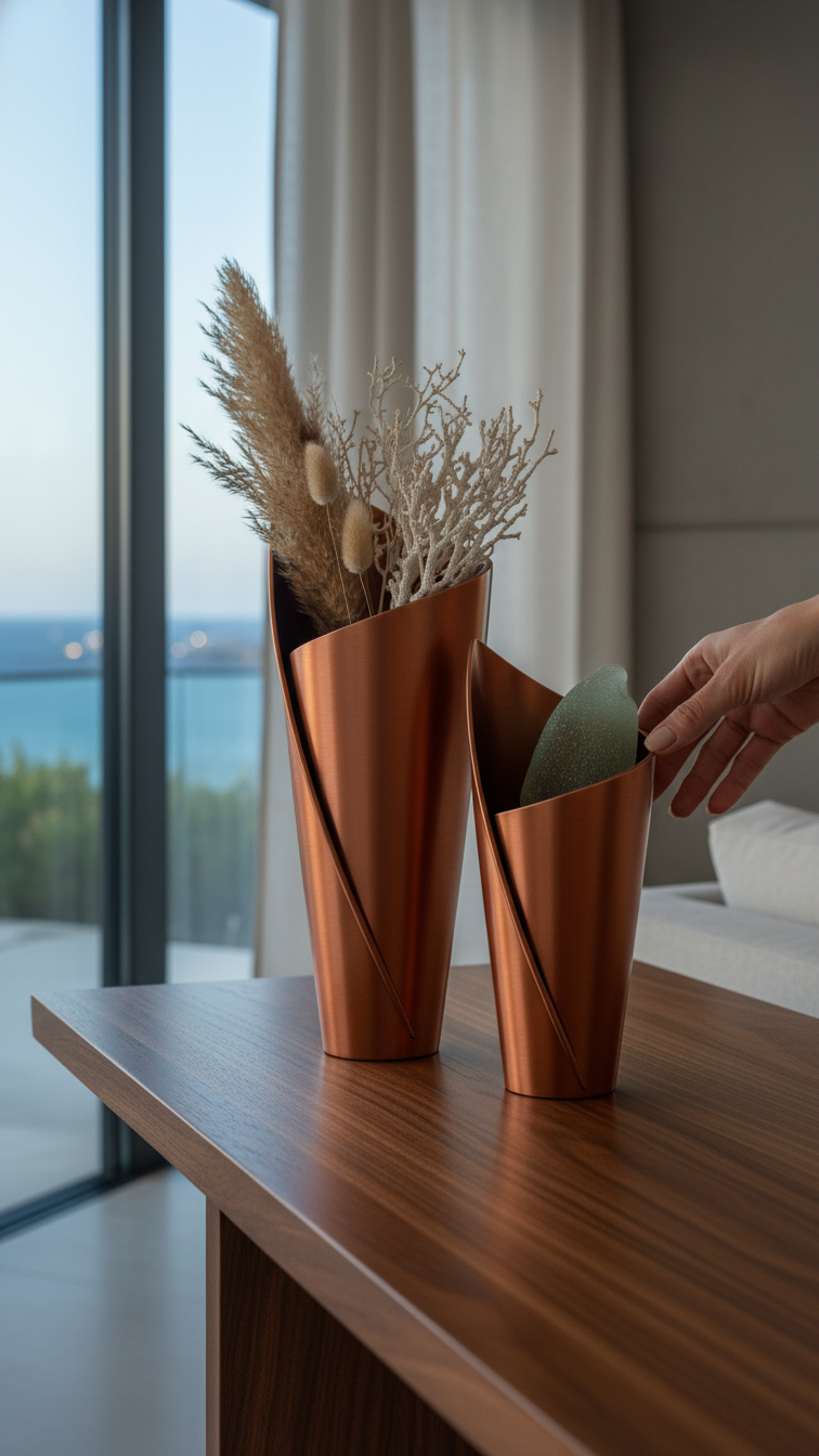 Twisté Cuivre 20cm & 15cm Bakır Renk Özel Tasarım İkili Vazo Seti