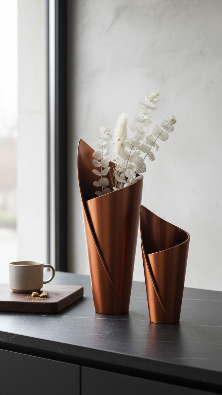 Twisté Cuivre 20cm & 15cm Bakır Renk Özel Tasarım İkili Vazo Seti
