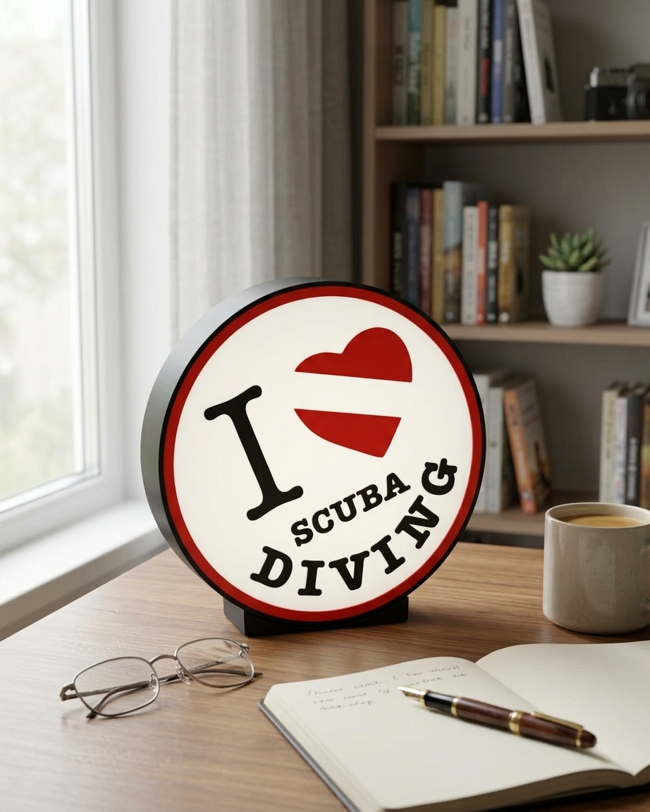 Siyah çerçeveli, yuvarlak formda I Love Scuba Diving yazılı ve dalış bayraklı kalp motifi bulunan dekoratif ışıklı masa lambası ve gece lambası.