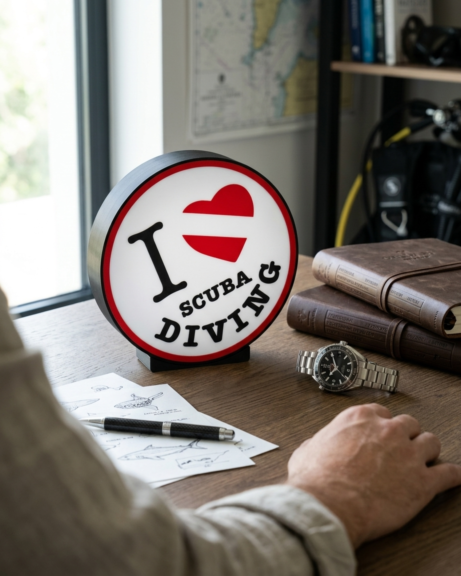 Siyah çerçeveli, yuvarlak formda I Love Scuba Diving yazılı ve dalış bayraklı kalp motifi bulunan dekoratif ışıklı masa lambası ve gece lambası.